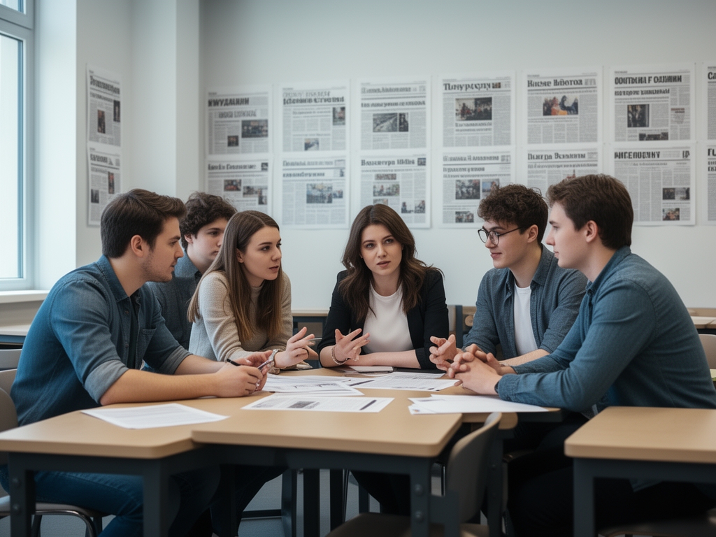 Группа студентов-журналистов обсуждает материал в современной учебной аудитории, на стенах распечатанные газетные полосы и медиаматериалы