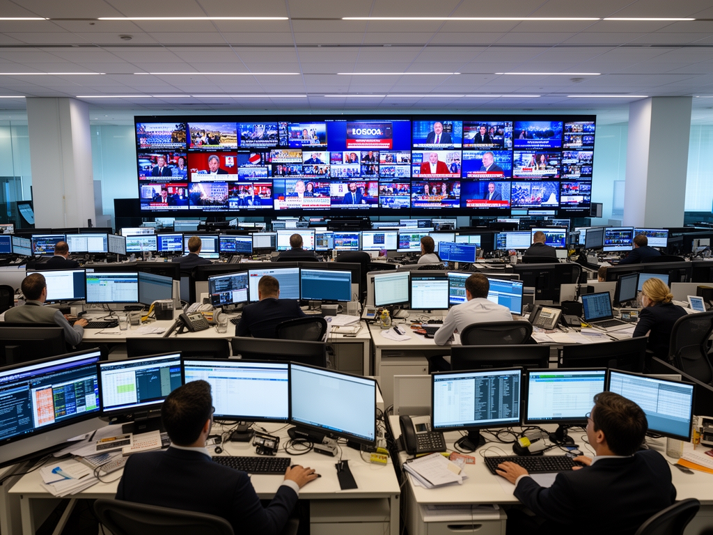 Современный ньюсрум с рядами мониторов, журналисты работают за компьютерами, большие экраны на стене с трансляциями новостей