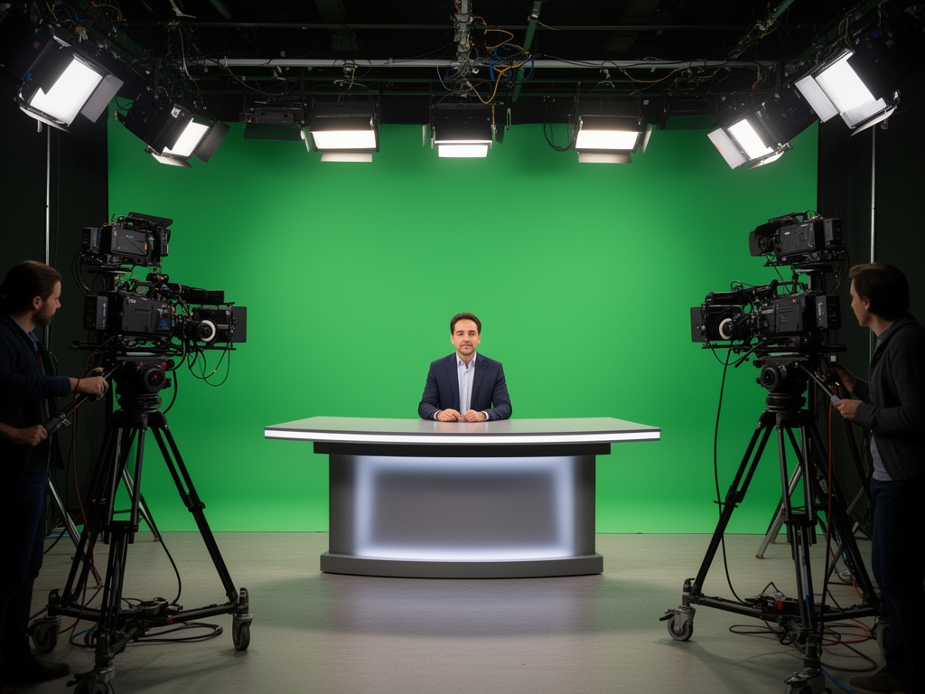 Профессиональная телестудия с ведущим за анкерным столом, камеры на операторских кранах, студийный свет и хромакей