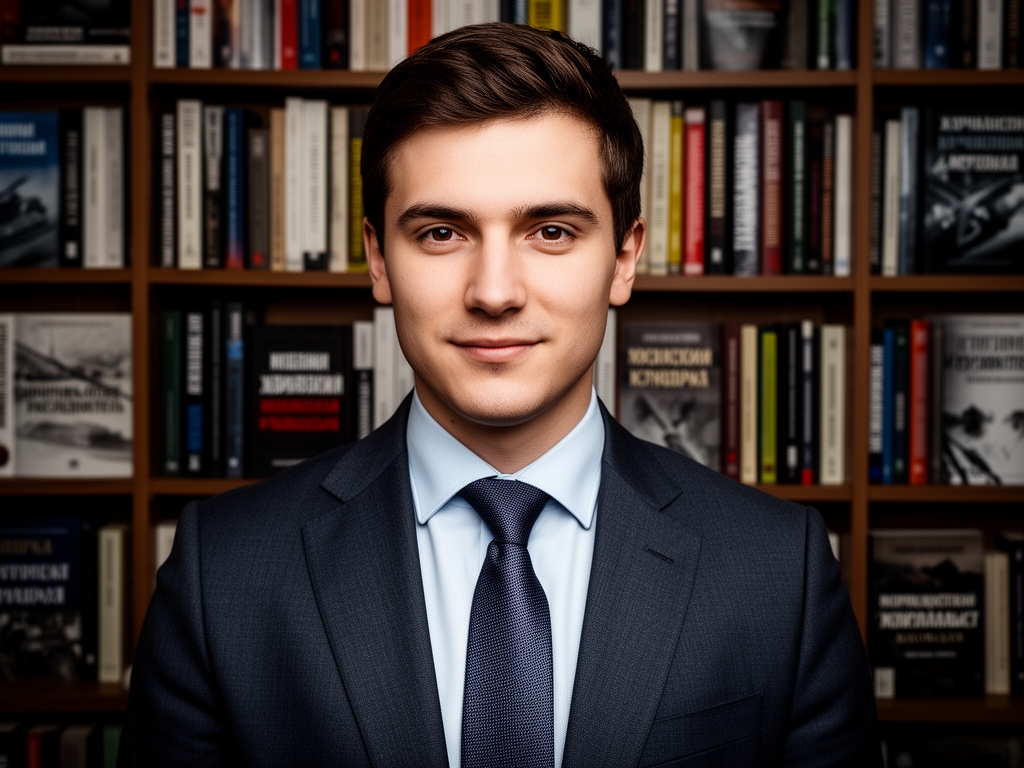 Профессиональный мужчина средних лет в деловом пиджаке, портрет на фоне книжных стеллажей университетской библиотеки