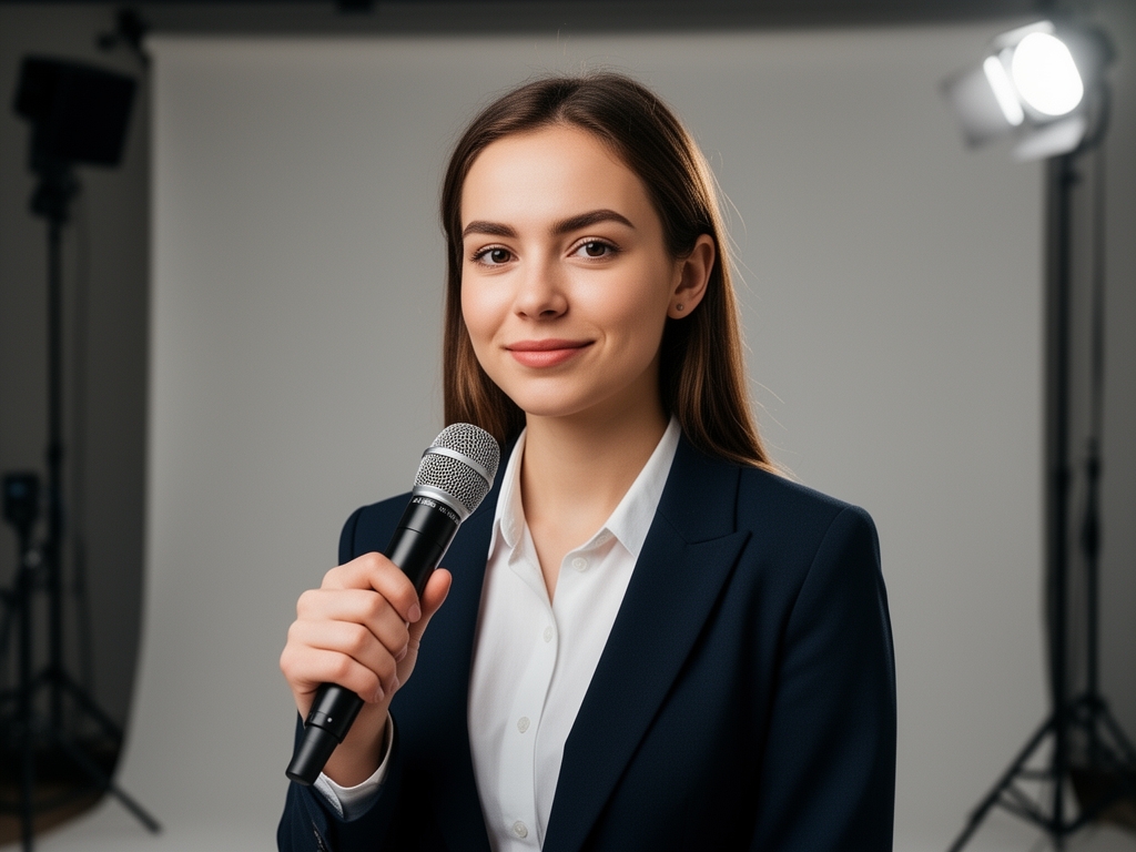 Молодая женщина-журналист с микрофоном перед камерой в профессиональной телестудии с мягким студийным освещением