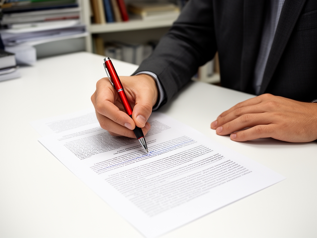 Редактор с красной ручкой вносит правки в распечатанный журналистский текст на белом столе в редакционном офисе