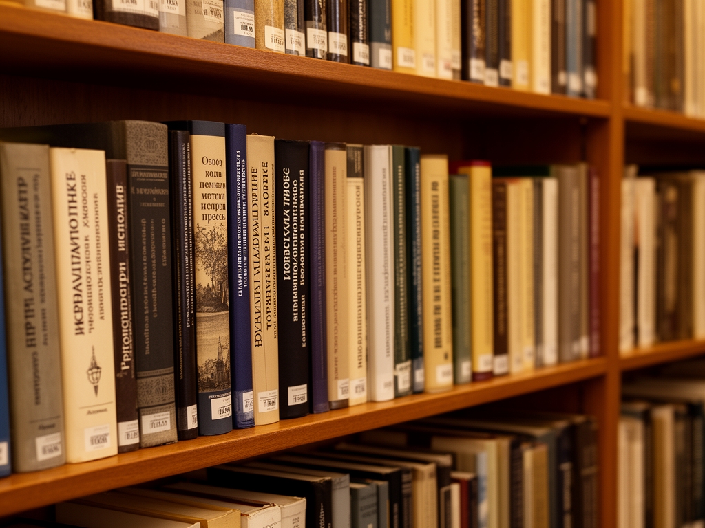 Стеллажи университетской библиотеки с книгами по журналистике, медиаправу и истории прессы, тёплое библиотечное освещение